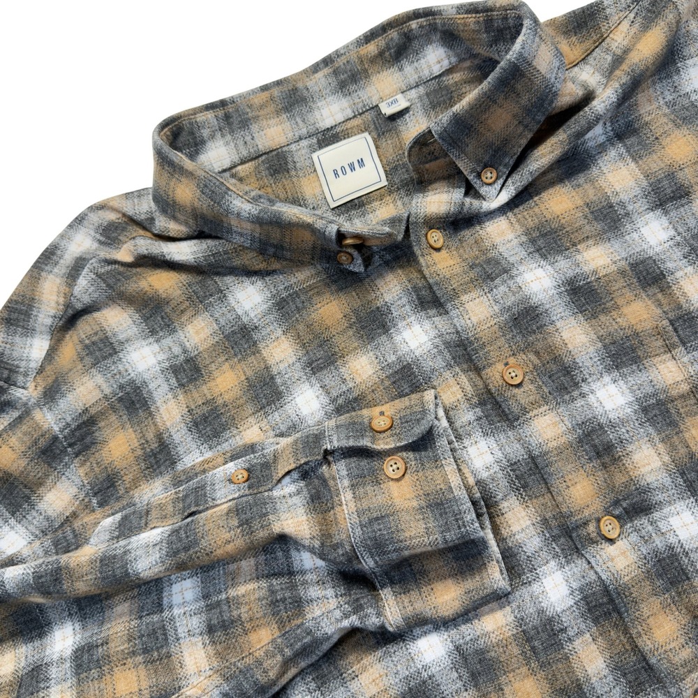 ROWM Flannel Shirt Mens 3XB Plaid Long Sleeve Button Front Pocket Gray Tan
